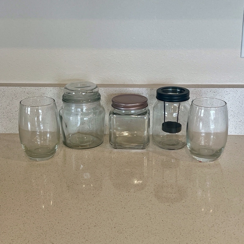 Glassware Mixed Lot Stemless Wine Glasses, Tea Light Candle Holder, Jars W/ Lids